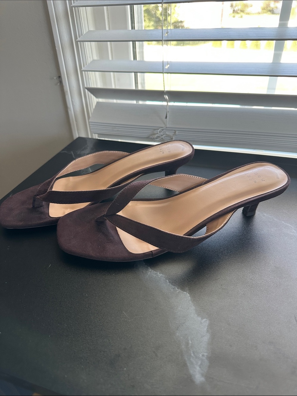 a new day Dark Brown Suede Kitten Heel Thong Sandals